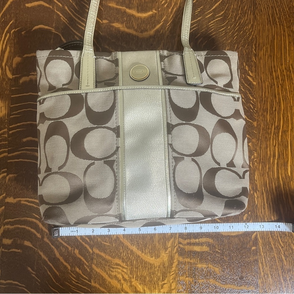 Coach Beige and Gold Signature Stripe Tote - Picture 5 of 11